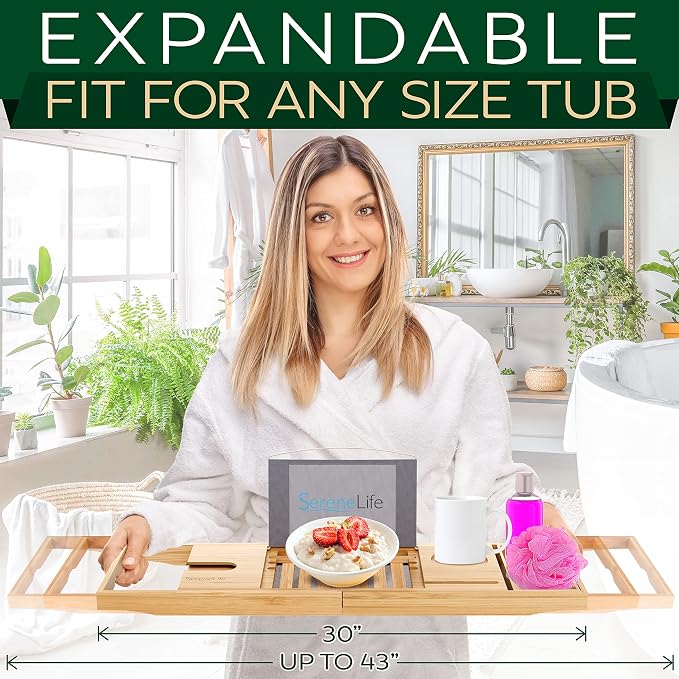 SereneLife Luxury Bamboo Bathtub Caddy Tray - Image 5