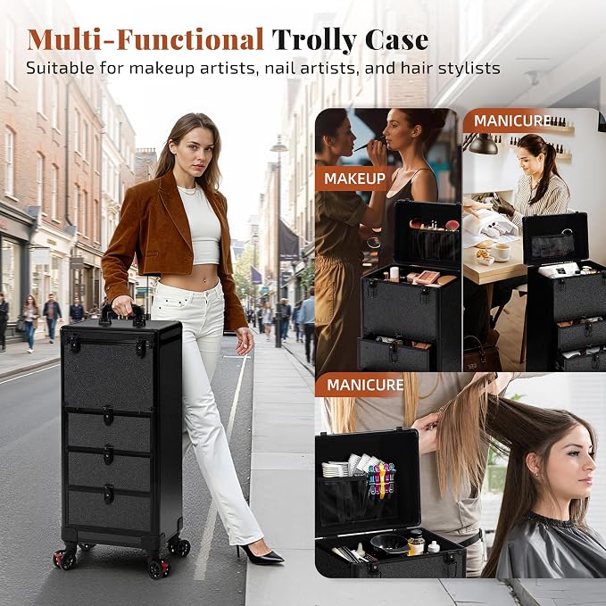 Rolling Makeup Train Case with 3 Drawers, Nail Trolley Cart Salon Station - Image 5