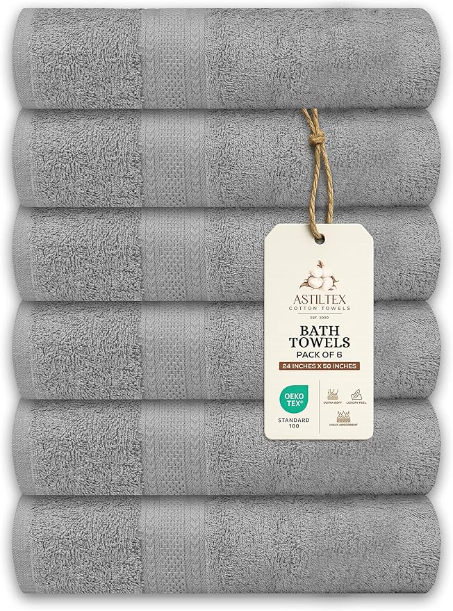 Large Bath Towels Pack of 6 – 24" x 50", 100% Cotton Terry – Soft, Quick-Dry & by ASTILTEXCottonTowels