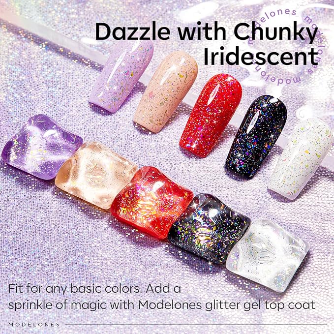 modelones Glitter Gel Nail Polish Top Coat, Rainbow Confetti Gel Top Coat - Image 3