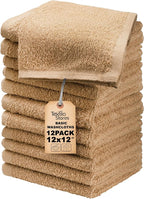 Basic Wash Cloths 12x12 Inches – Pack of 12 – Beige Color – Soft and Absorbent by TEXTILA