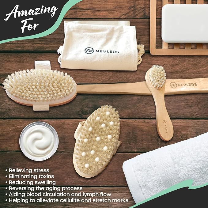 Nevlers Natural Boar Bristle Dry Brushing Set | 4-Piece Body Brush Kit - Image 7