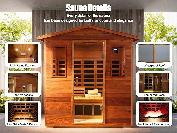 Full Spectrum Sauna, 0-5mG Ultra Low EMF Infrared Sauna 3 Person Outdoor Sauna - Image 5