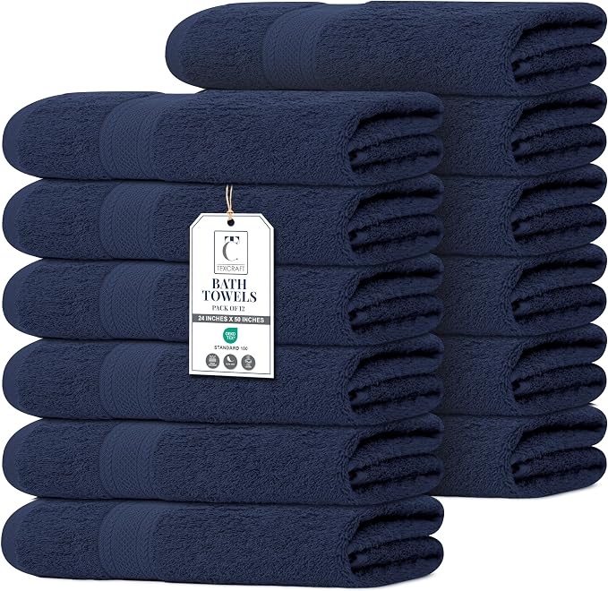 Commercial Bulk Pack of 12 Large Bath Towels – 100% Cotton Terry 24" x 50" – by TEXCRAFT