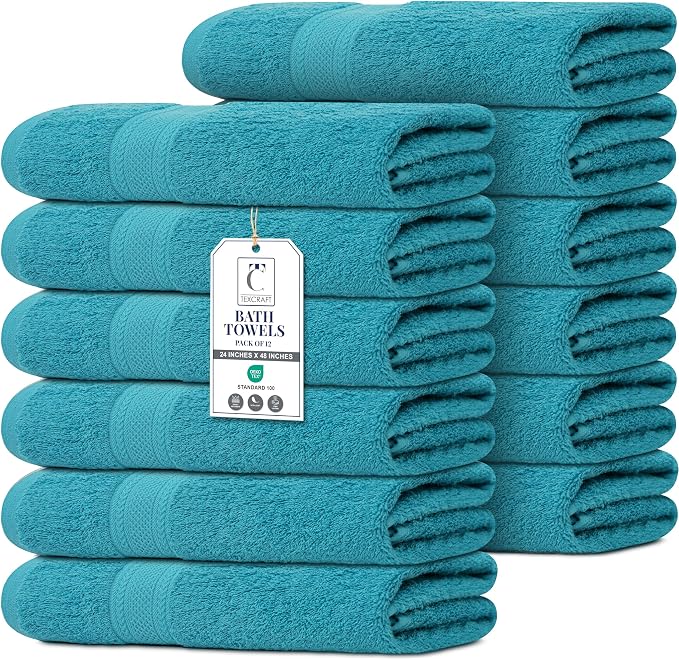 Commercial Bulk Pack of 12 Bath Towels – 100% Cotton Terry 24" x 48" – Ideal by TEXCRAFT