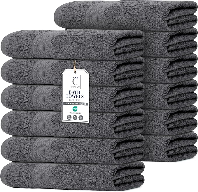Commercial Bulk Pack of 12 Large Bath Towels – 100% Cotton Terry 24" x 50" – by TEXCRAFT
