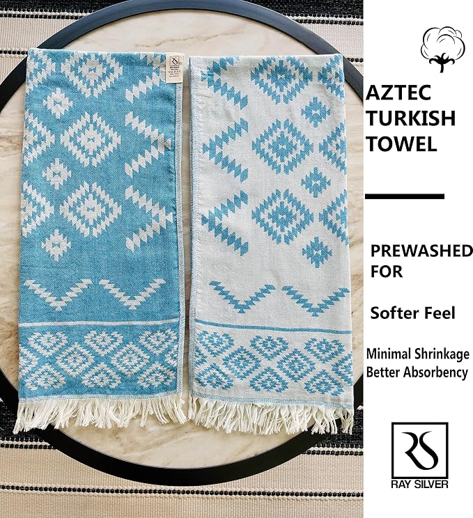 RAY SILVER Aztec Turkish Hand Towels Set of 2 100% Cotton Peshtemal Soft Feel - Image 9