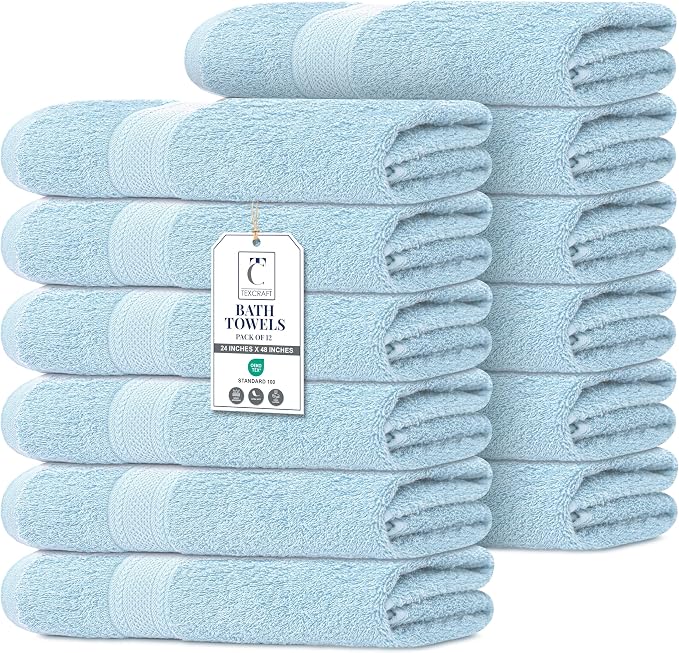 Commercial Bulk Pack of 12 Bath Towels – 100% Cotton Terry 24" x 48" – Ideal by TEXCRAFT