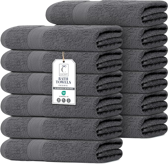Commercial Bulk Pack of 12 Bath Towels – 100% Cotton Terry 24" x 48" – Ideal by TEXCRAFT