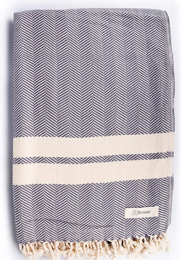 Bersuse 100% Cotton Herringbone XL Throw Blanket by Bersuse
